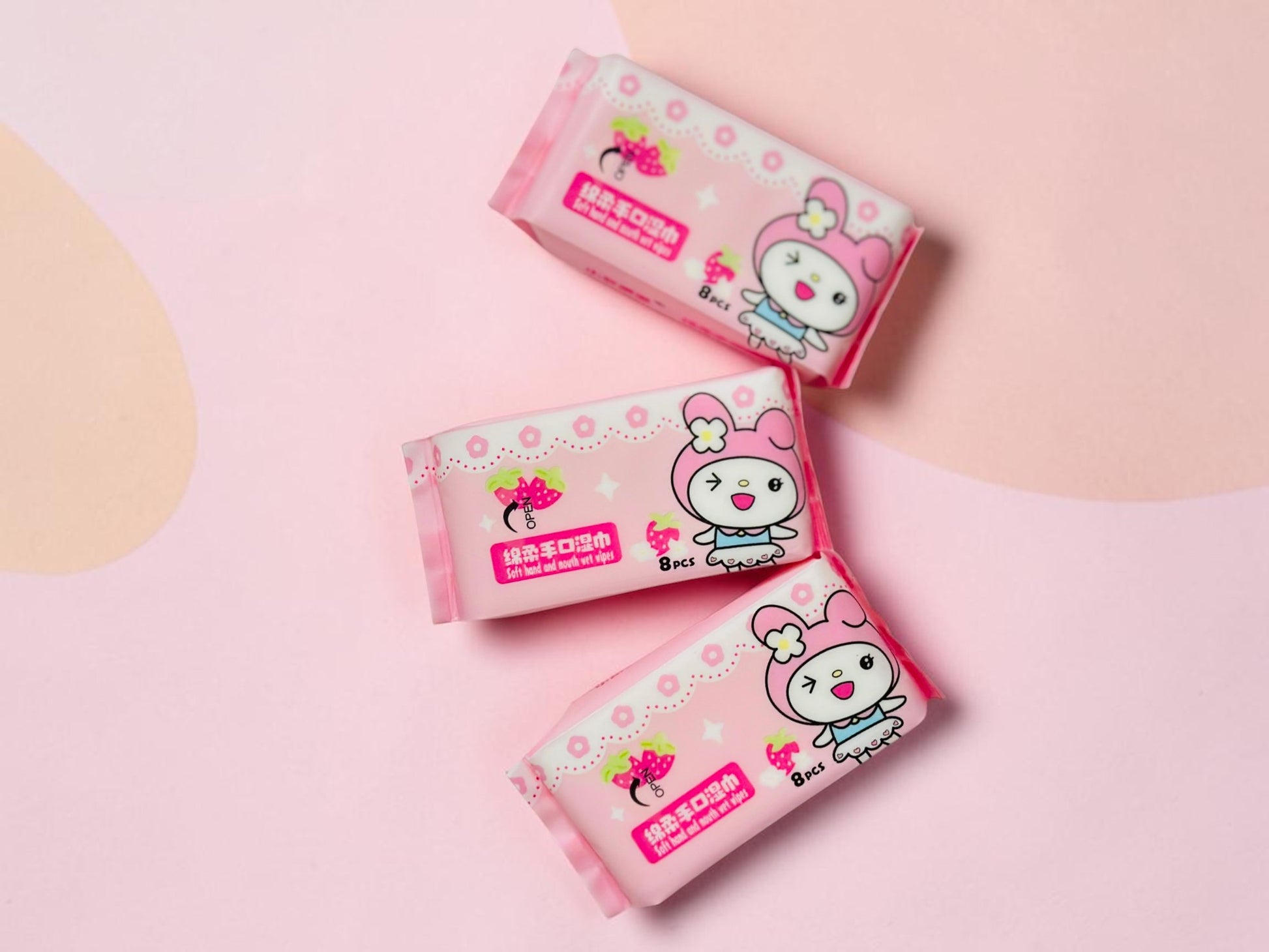 Miso station My Melody pink wet wipes packs with strawberry graphics for gentle hand and mouth cleaning