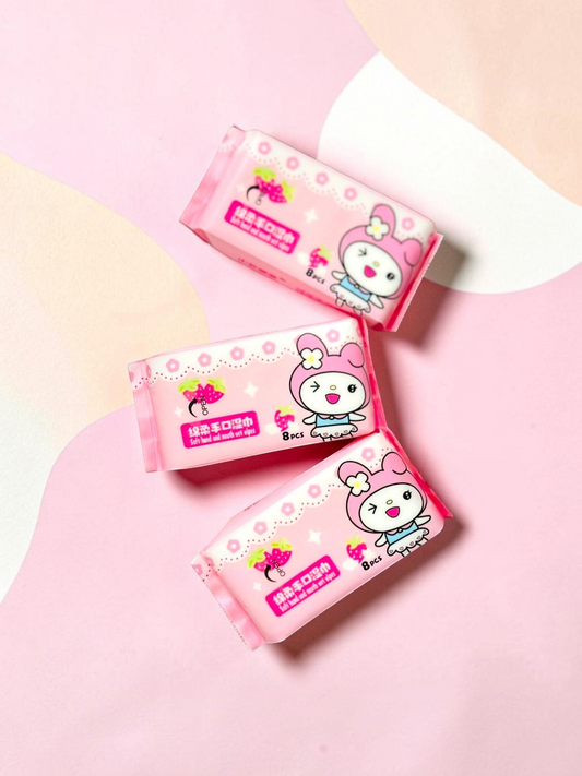 Miso station My Melody themed pink wet wipes packs with strawberry graphics for gentle hand and mouth cleaning.