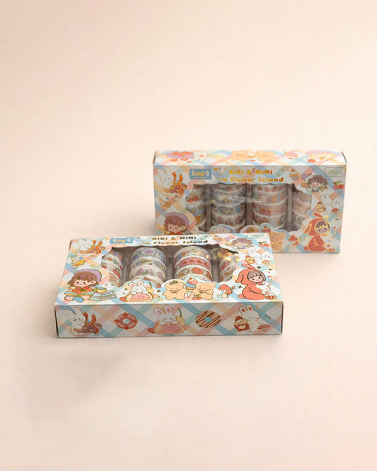 Miso station King-Q Niki and Nimi decorative washi tape set with 20 rolls in a cute pastel illustrated display box
