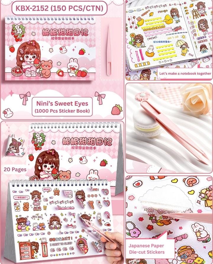 Miso station Nini's Sweet Eyes spiral-bound sticker book with colorful die-cut Japanese paper characters and motifs.