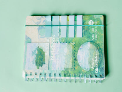 Miso station spiral notebook featuring an oil painting cover with integrated blue sticky notes and page markers.