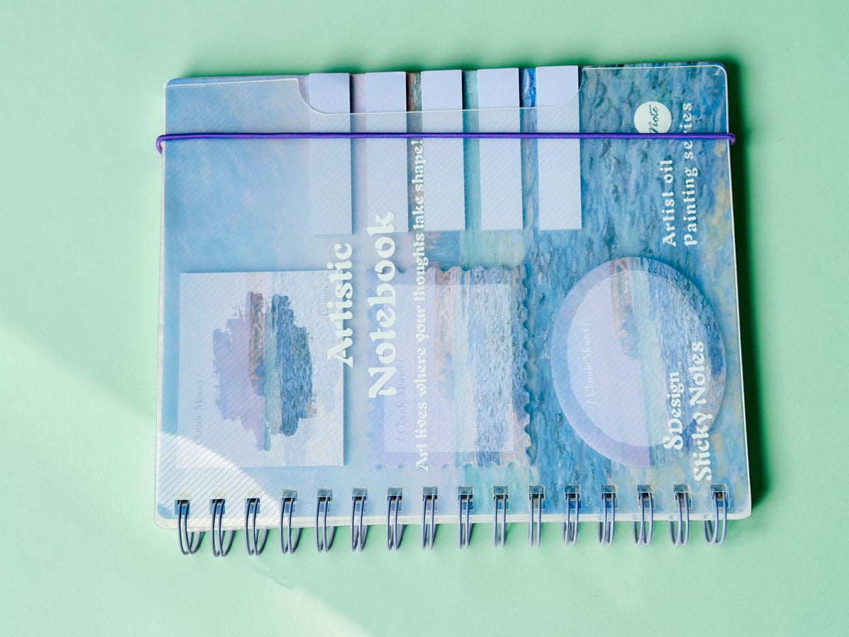 Miso station spiral notebook featuring a blue oil painting cover with integrated sticky notes and page markers.