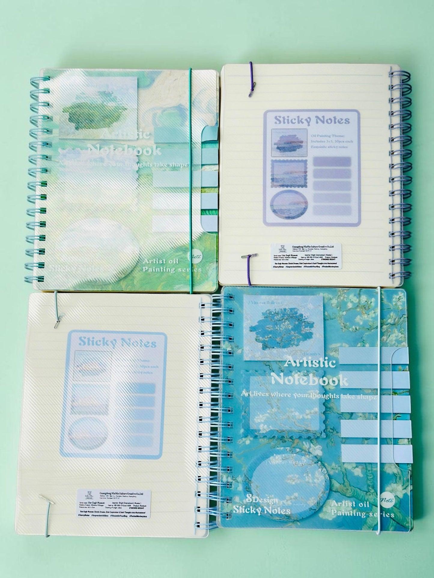 Miso station artistic oil painting spiral notebooks with integrated sticky notes in green and blue floral designs.