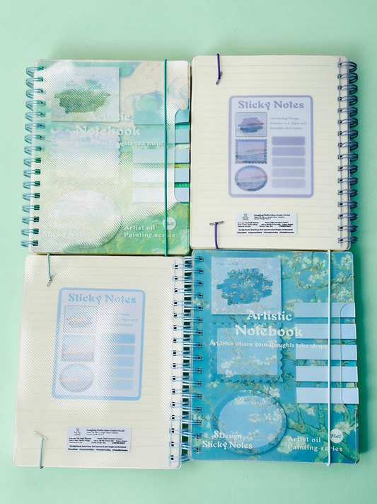 Miso station artistic oil painting spiral notebooks with integrated sticky notes in green and blue floral designs.