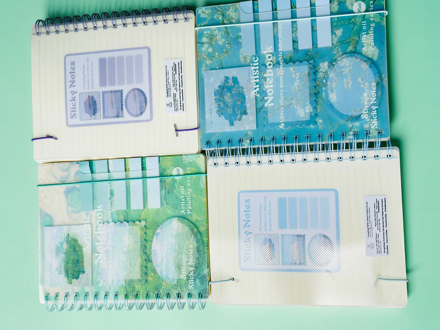 Miso station artistic oil painting spiral notebooks with integrated blue and green themed sticky notes and page markers