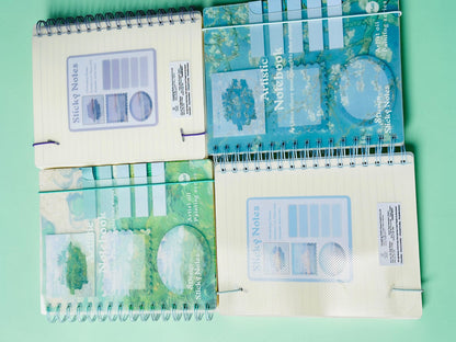 Miso station artistic oil painting spiral notebooks with integrated blue and green themed sticky notes and page markers