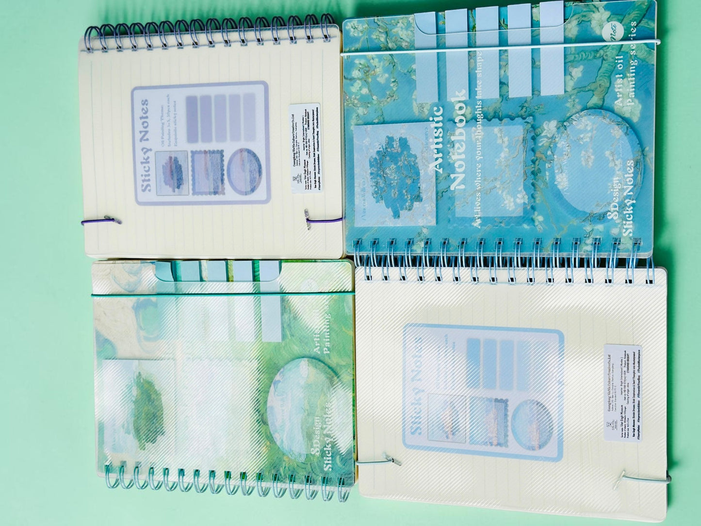 Miso station artistic oil painting spiral notebooks with integrated sticky notes and page markers in blue and green