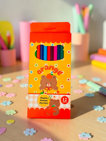 Miso station 12-piece colored pencil set in an orange fruit-themed box with cute bear illustrations