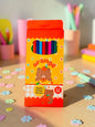 Miso station 12-piece colored pencil set in an orange fruit-themed box with cute bear illustrations