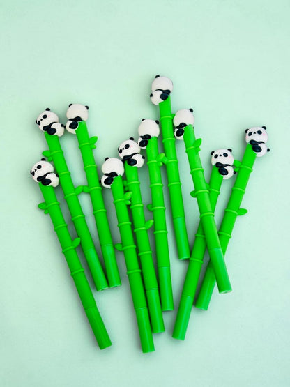 Miso station green bamboo-shaped gel pens with cute hand-painted panda toppers for office and school stationery.