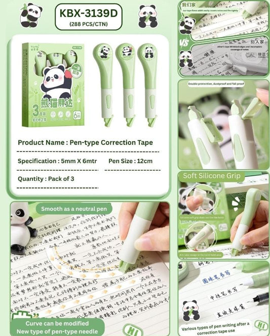 Miso station 3-pack panda-themed pen-style correction tape with soft silicone grips for precise, smooth application.