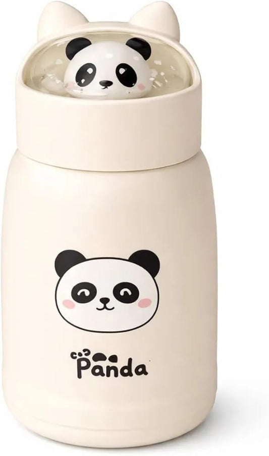 Miso station insulated stainless steel water bottle in cream with a cute 3D panda character dome on the lid