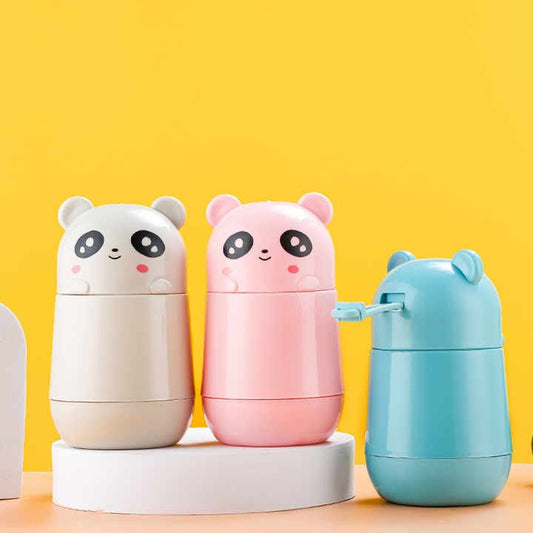 Miso station panda-themed portable manual food processors in white, pink, and blue on a white display stand.