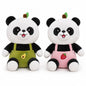 Miso station fruit-themed panda plush toys in green avocado and pink strawberry overalls with stems on their heads