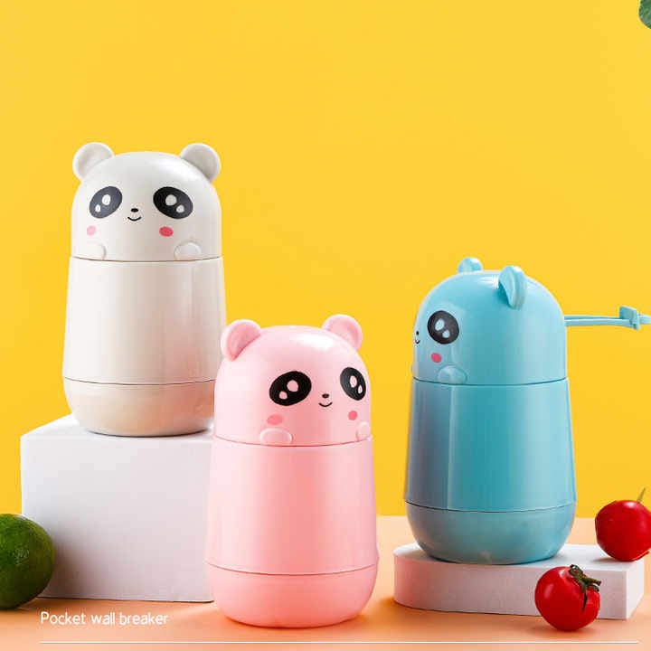 Miso station panda-themed portable manual food processors in white, pink, and blue on a yellow background.