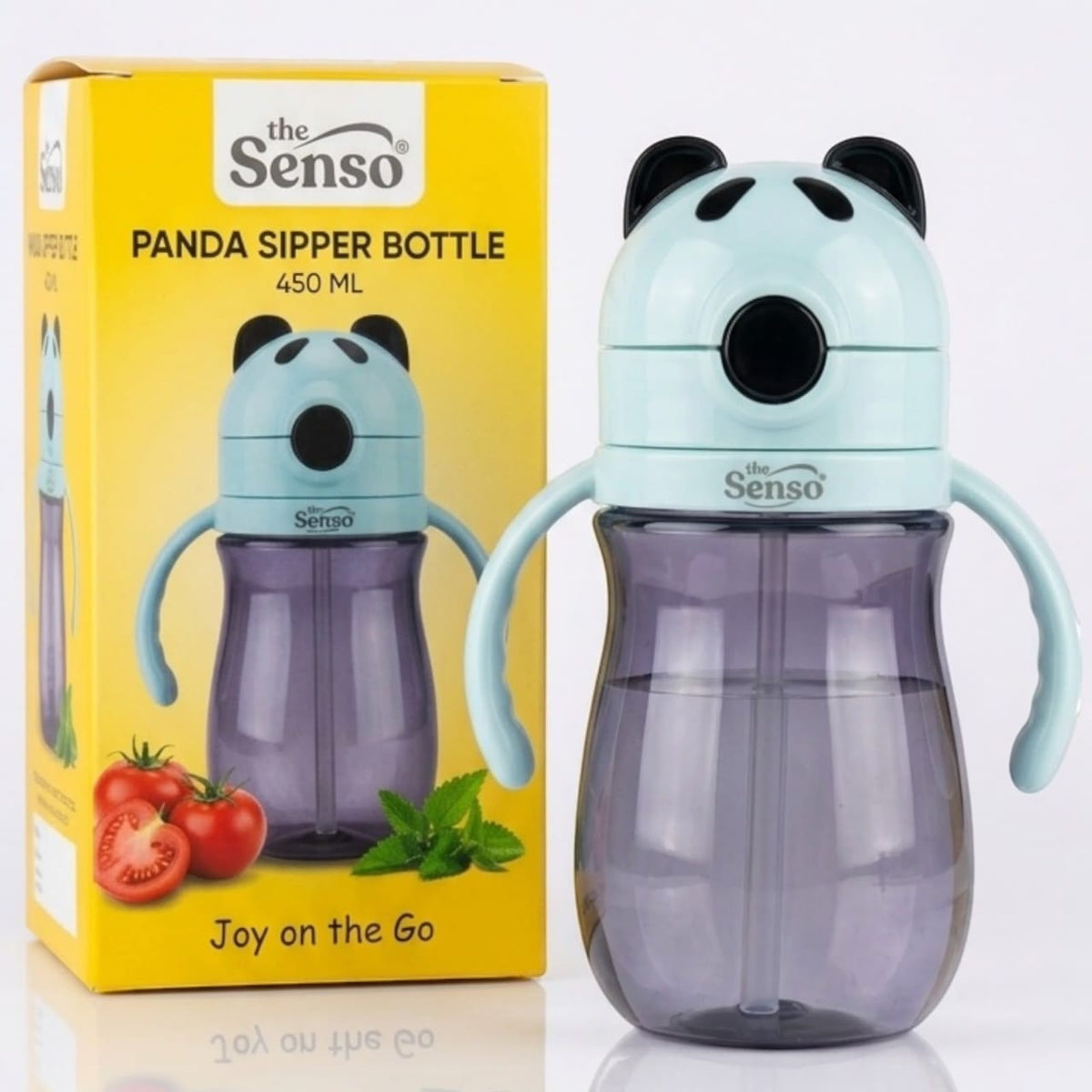 Miso station Senso panda-themed 450ml children's sipper bottle with light blue lid, handles, and dark purple base.