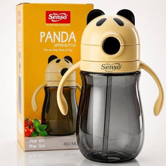 Miso station Senso panda-themed 450ml children's sipper bottle with ergonomic handles and a flip-top lid
