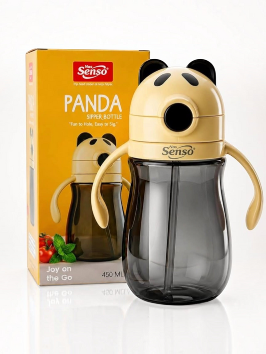 Miso station Senso panda-themed 450ml children's sipper bottle with ergonomic handles and a flip-top lid