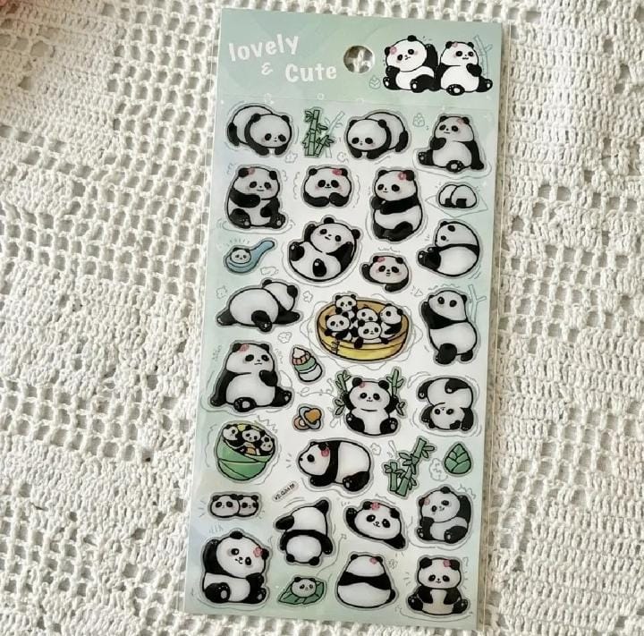 Miso station sticker sheet featuring adorable cartoon panda characters in various playful poses and bamboo settings.