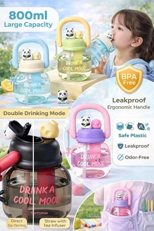 Miso station 800ml panda water bottle with straw, leakproof handle, and BPA-free plastic in various vibrant colors.