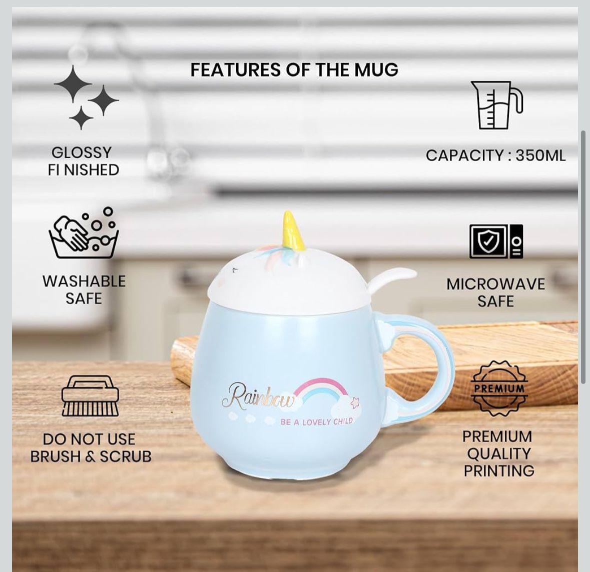 Miso station pastel blue ceramic unicorn mug with lid and spoon featuring rainbow graphic and glossy finish