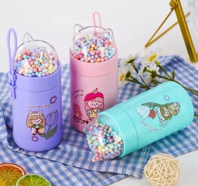 Miso station pastel water bottles with cat ear lids, bead-filled compartments, and cute character illustrations.