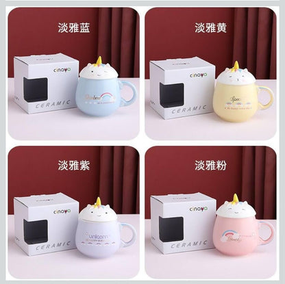 Miso station ceramic unicorn mugs in pastel blue, yellow, purple, and pink with matching lids and gift boxes.