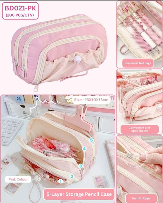 Miso station pastel pink 5-layer pencil case with net storage pockets, smooth zippers, and spacious open-mouth design.
