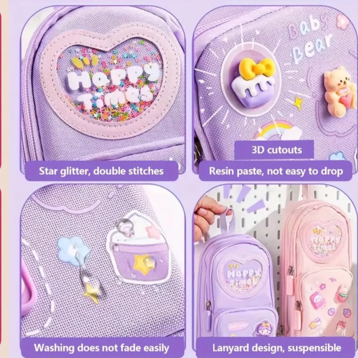 Miso station pastel purple and pink multi-compartment stationery pouch with 3D resin cutouts and glitter heart window