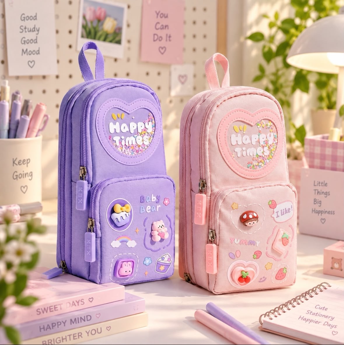 Miso station pastel purple and pink multi-compartment stationery pouches with 3D resin cutouts and glitter heart windows