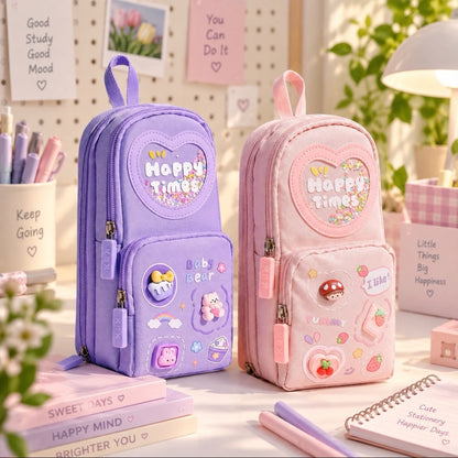 Miso station pastel purple and pink multi-compartment stationery pouches with 3D resin cutouts and glitter heart windows