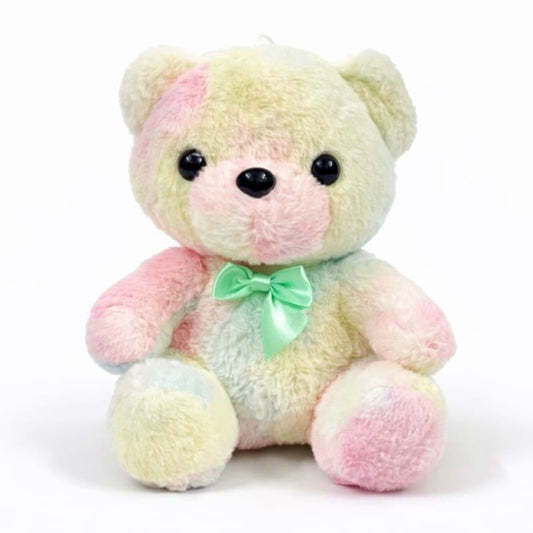 Miso station pastel tie-dye plush teddy bear with soft faux fur and a mint green satin bow