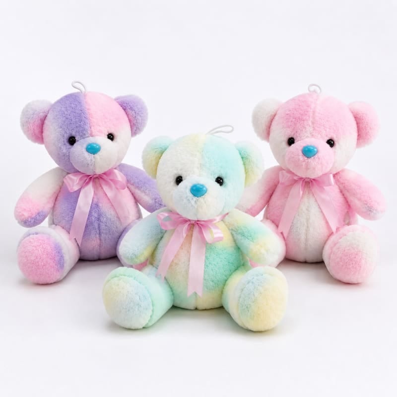 Miso station pastel tie-dye plush teddy bears with satin ribbon bows in purple, blue, pink, and yellow.