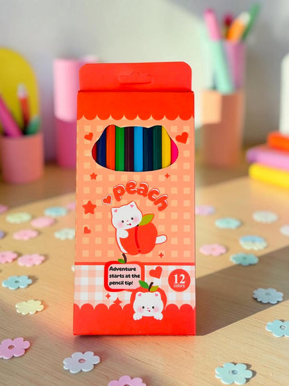 Miso station 12-piece colored pencil set in a peach-themed box with cute cat illustrations on a white background.