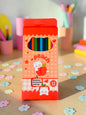 Miso station 12-piece colored pencil set in a peach-themed box with cute cat illustrations on a white background.