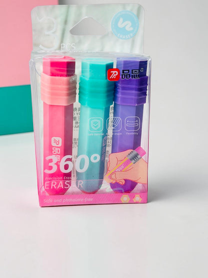 Miso station set of three pencil-shaped precision erasers in vibrant pink, teal, and purple in clear retail packaging.