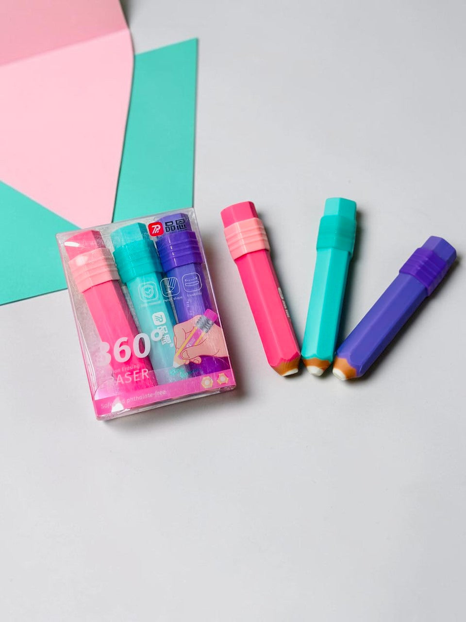 Miso station set of three pencil-shaped precision erasers in vibrant pink, teal, and purple with clear packaging.