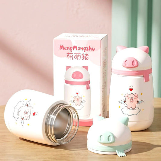 Miso station white stainless steel insulated water bottle with a cute piggy character design and pig-shaped lid.