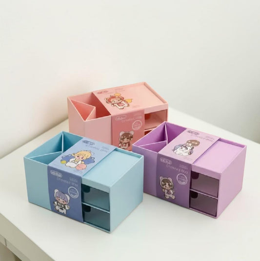 Miso station Pika storage boxes in blue, pink, and purple with drawers and compartments for desk organization.