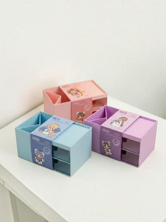 Miso station Pika storage boxes in blue, pink, and purple with drawers and compartments for desk organization.