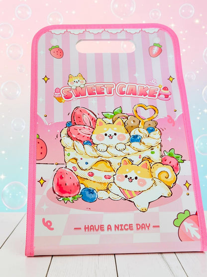Miso station pink document folder featuring cute cartoon animals and sweet cake illustrations with a die-cut handle