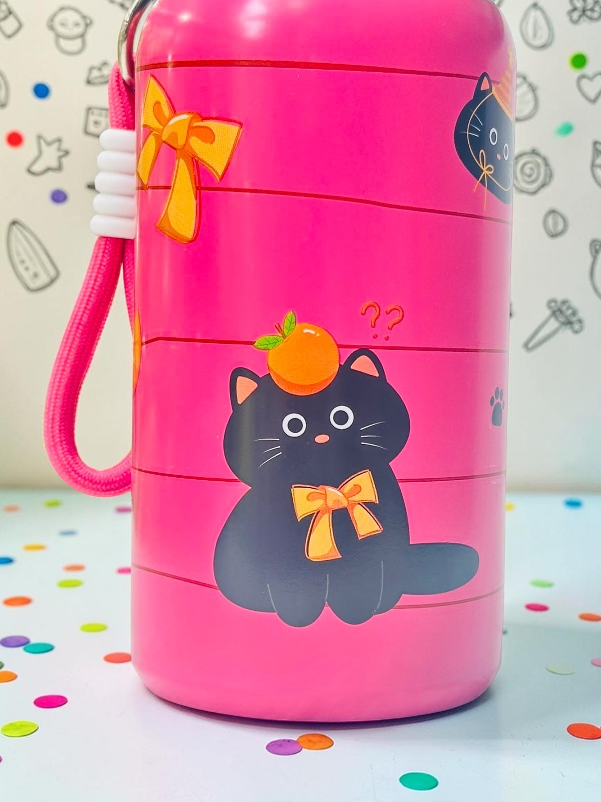 Miso station hot pink insulated stainless steel water bottle featuring black cat illustrations and orange accents.