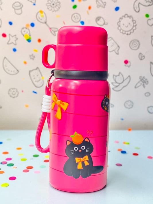 Miso station hot pink insulated stainless steel water bottle with black cat illustrations and orange bow accents
