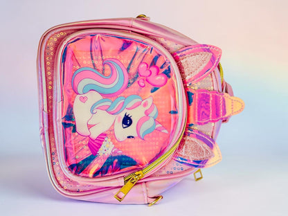 Miso station pink holographic unicorn mini backpack for children with glittery 3D ears and front zipper pocket