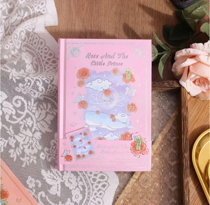 Miso station pink hardcover journal featuring The Little Prince and rose illustrations with gold-foil accents.