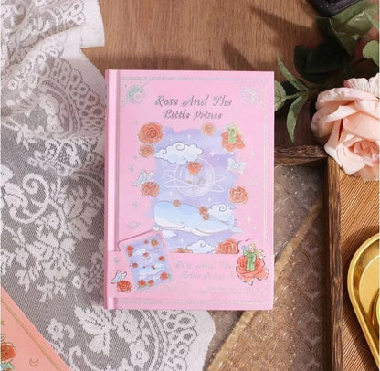 Miso station pink hardcover journal featuring The Little Prince and rose illustrations with gold-foil accents.