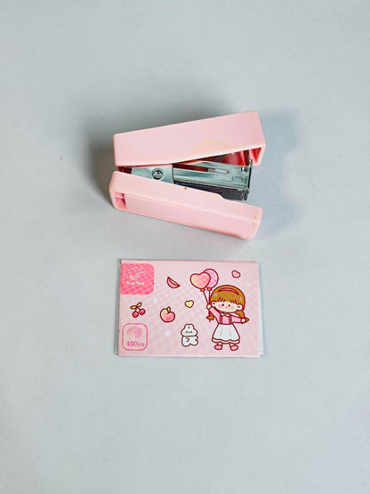 Miso station mini pink stapler with a cute illustrated storage box featuring a girl and rabbit design