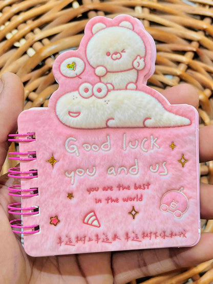 Miso station pink plush spiral memo notebook with cute cartoon bear and crocodile characters and uplifting text