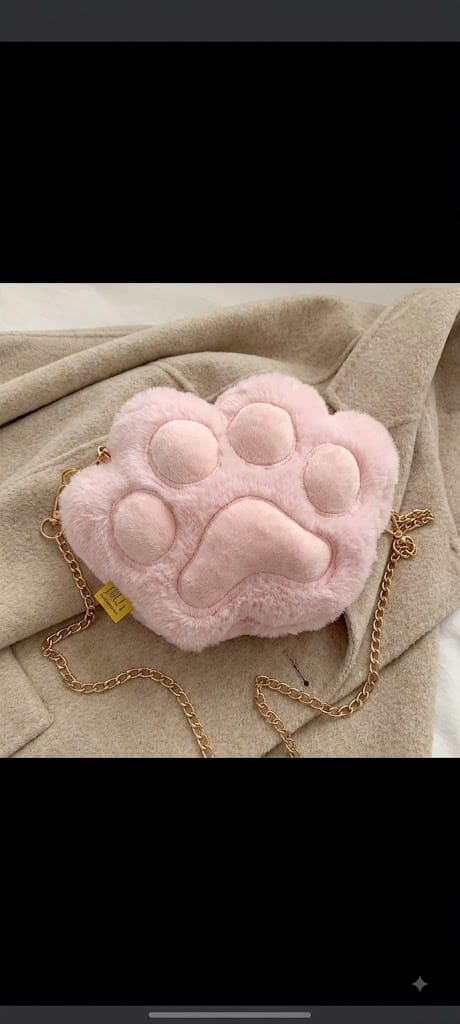 Miso station plush pink cat paw crossbody bag with a gold chain strap and soft faux-fur texture