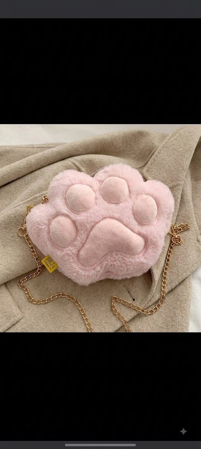 Miso station plush pink cat paw crossbody bag with a gold chain strap and soft faux-fur texture